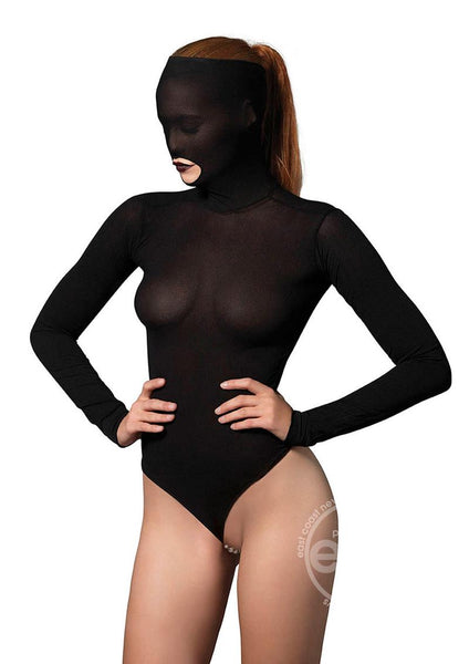 Leg Avenue Opaque Masked Bodysuit with Stimulating Beaded G-String - O/S - Black