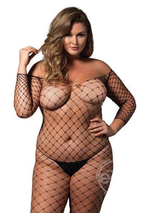 Fence Net Off The Shoulder Long Sleeved Bodystocking - Plus Size - Black