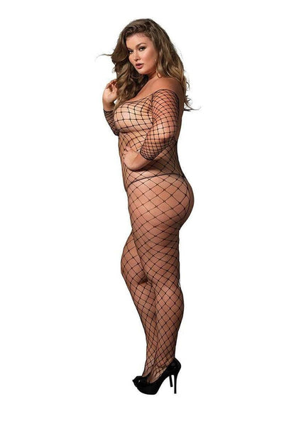 Fence Net Off The Shoulder Long Sleeved Bodystocking - Plus Size - Black