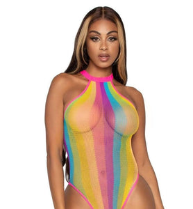 Striped Net Halter Bodysuit with Snap Crotch