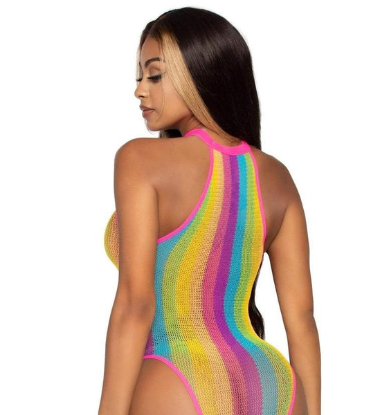 Striped Net Halter Bodysuit with Snap Crotch