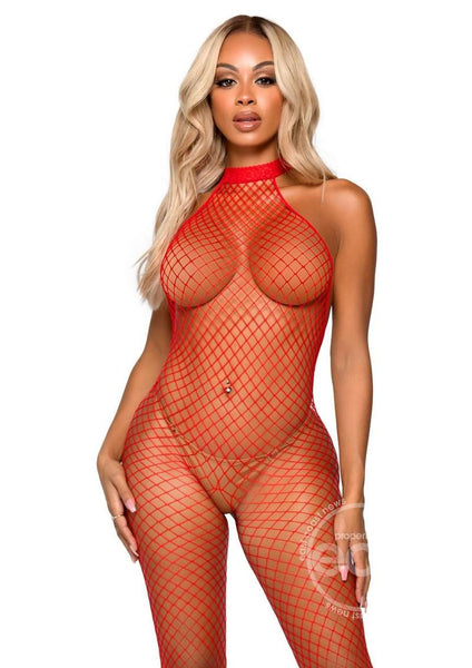 Racer Neck Backless fishnet Body stocking - O/S